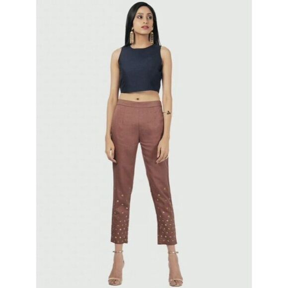 House of Indya Rust Straight-Leg Embroidered Pants w/ Gold Accents - Size XS - Picture 1 of 12